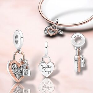 PANDORA Rose-Sterling Silver Heart-Shaped Double Padlock Dangle Charm With CZ